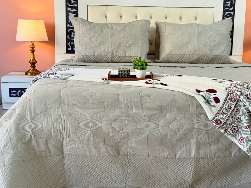 Stone Green Embroidered Quilted Bedcover