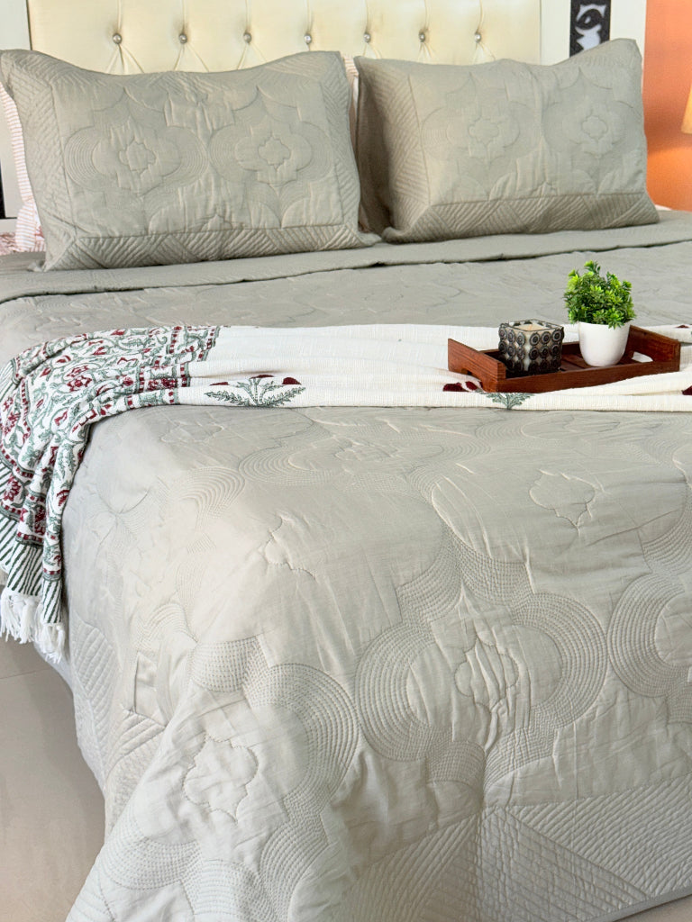 Stone Green Embroidered Quilted Bedcover