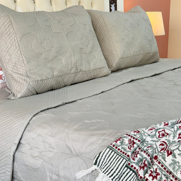 Stone Green Embroidered Quilted Bedcover