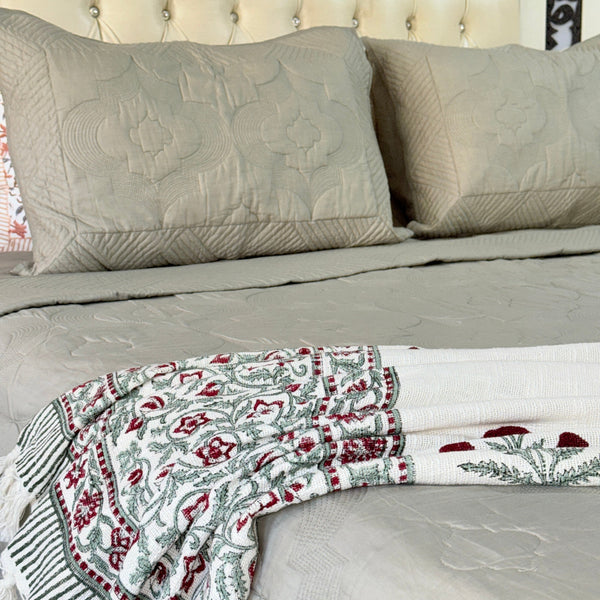 Stone Green Embroidered Quilted Bedcover