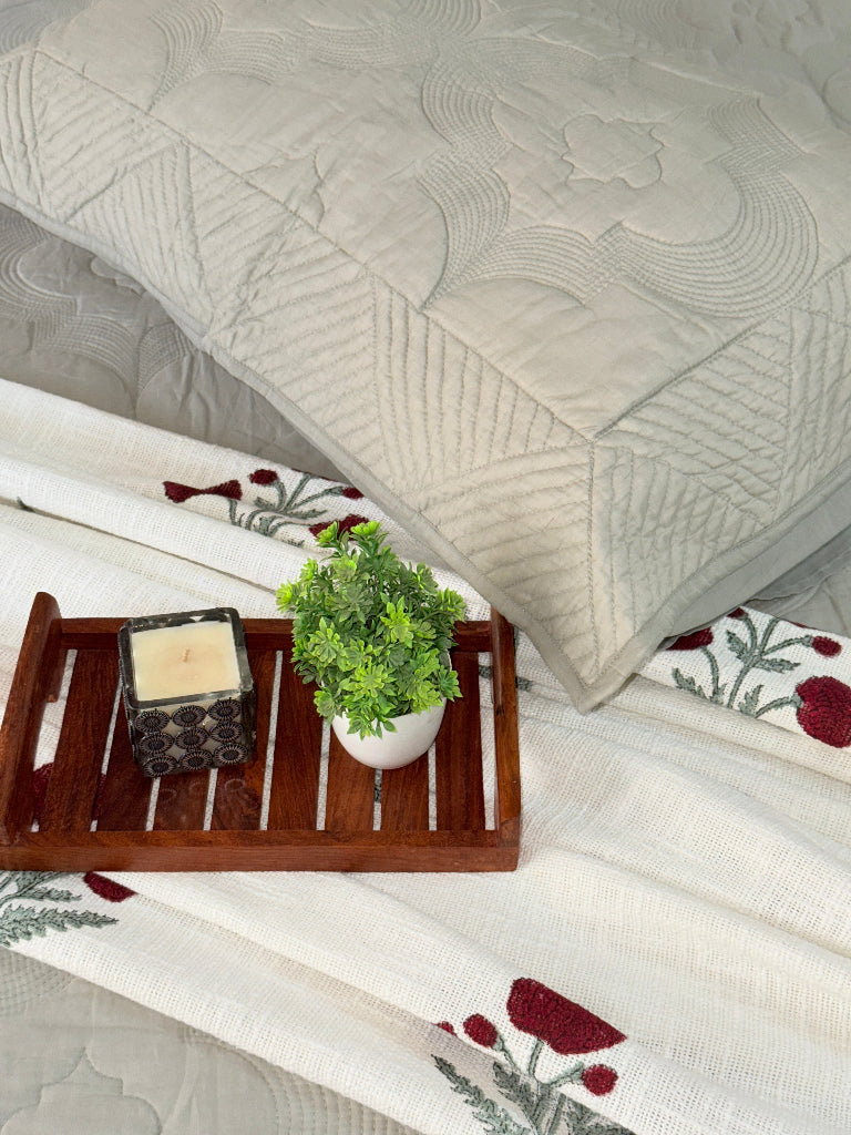 Stone Green Embroidered Quilted Bedcover