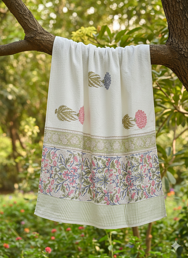 Floral Motif Hand Blocked Bath Towel