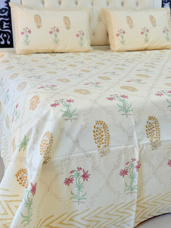 Beige Yellowish Base Floral Grid Pattern Hand Blocked Sheet