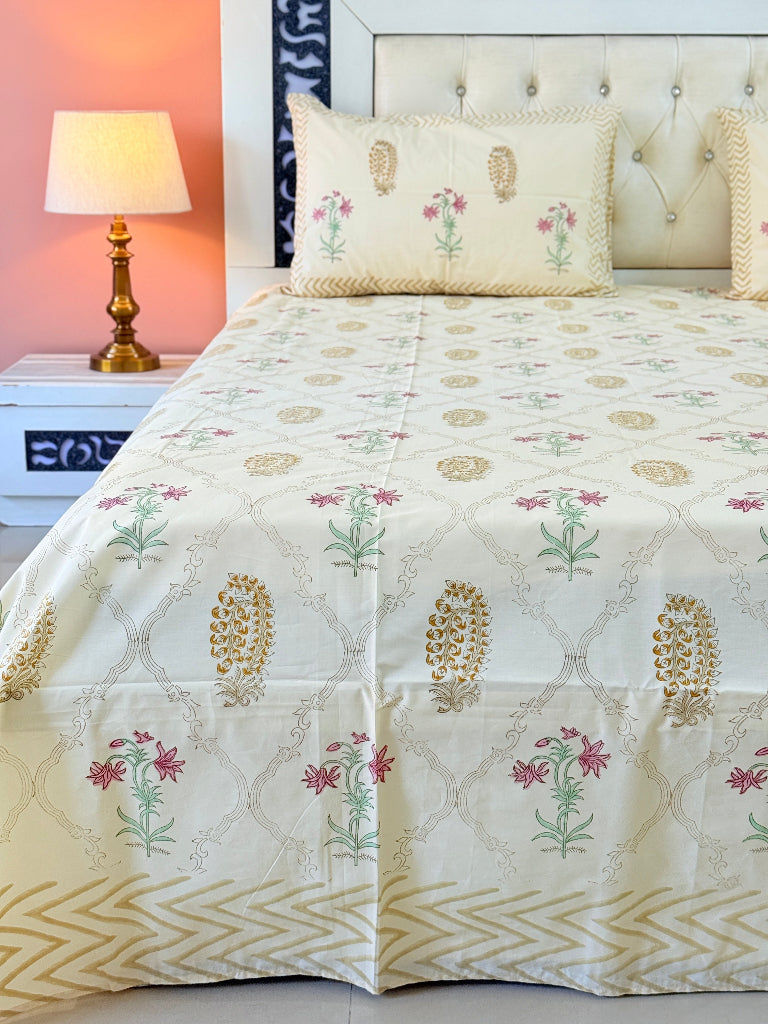 Beige Yellowish Base Floral Grid Pattern Hand Blocked Sheet