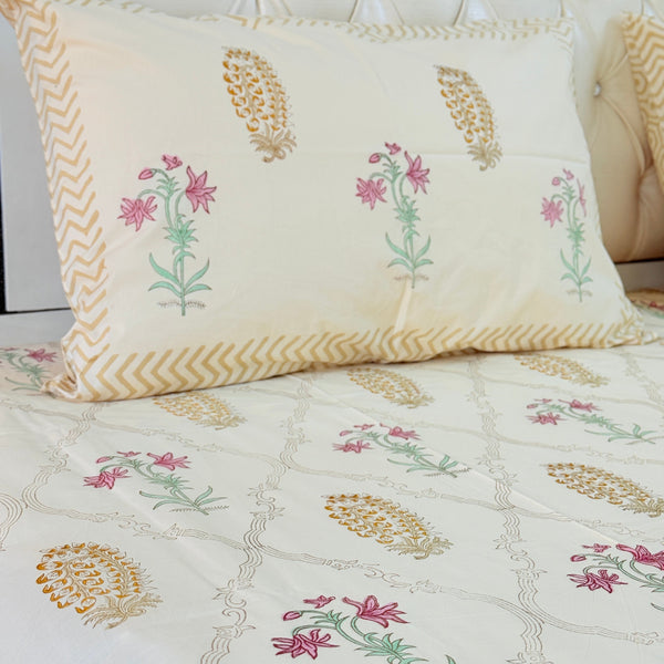 Beige Yellowish Base Floral Grid Pattern Hand Blocked Sheet