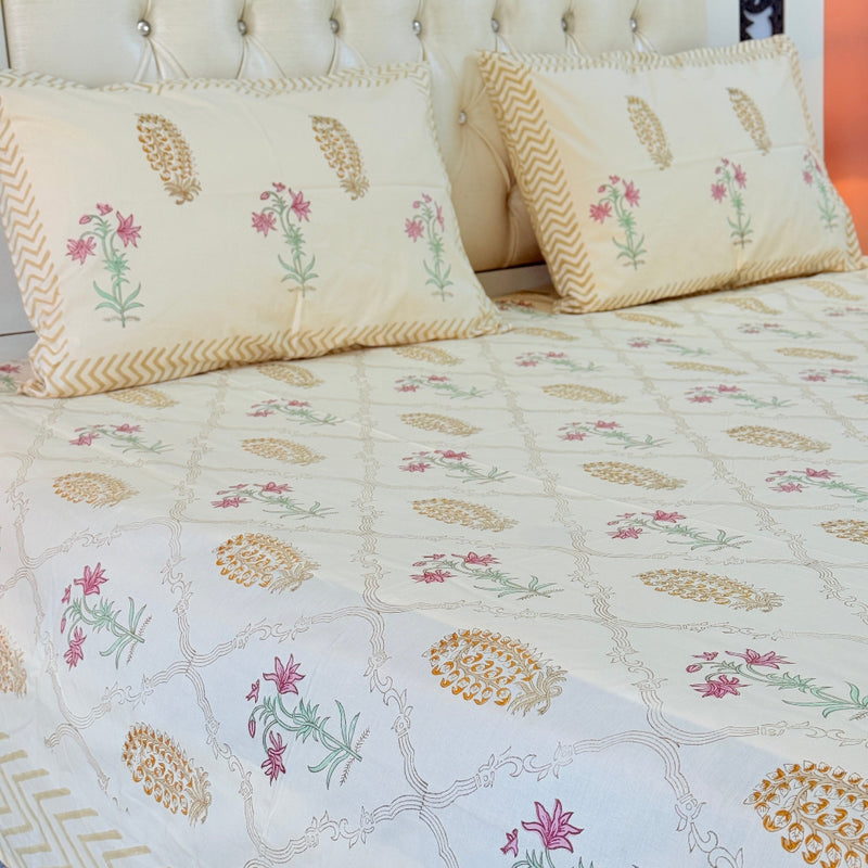 Beige Yellowish Base Floral Grid Pattern Hand Blocked Sheet