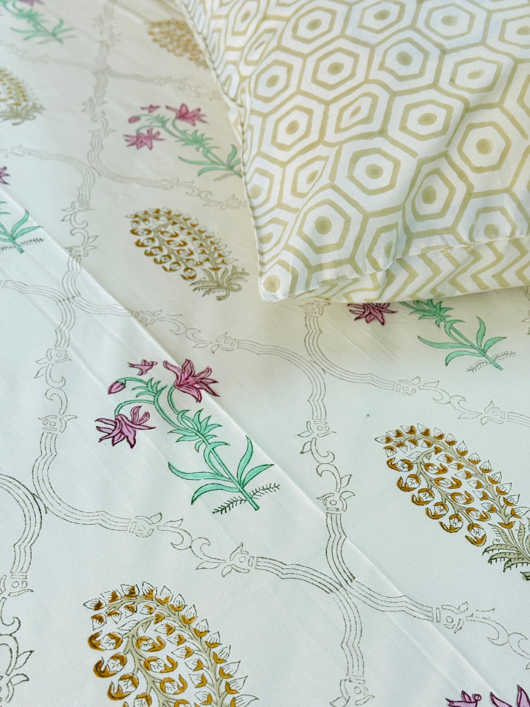 Beige Yellowish Base Floral Grid Pattern Hand Blocked Sheet