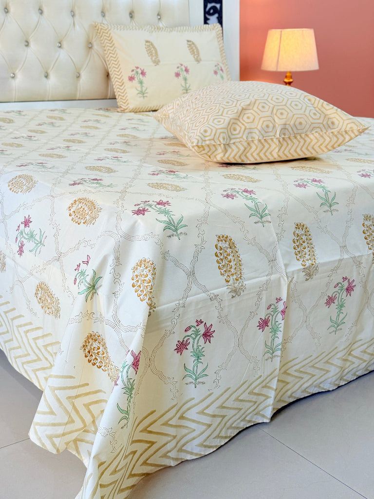 Beige Yellowish Base Floral Grid Pattern Hand Blocked Sheet