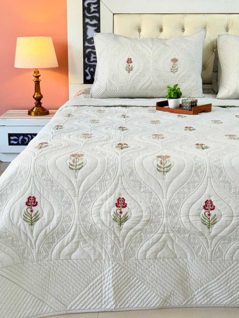 Cloud Drape Hand Blocked Quilted Bedcover