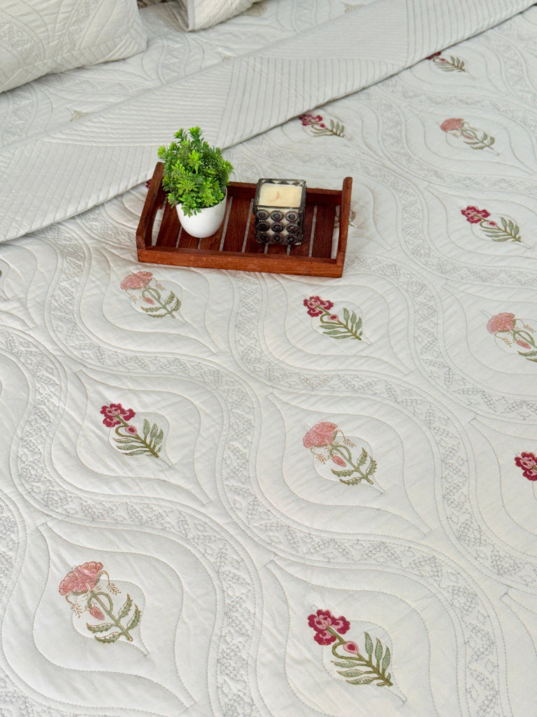 Cloud Drape Hand Blocked Quilted Bedcover