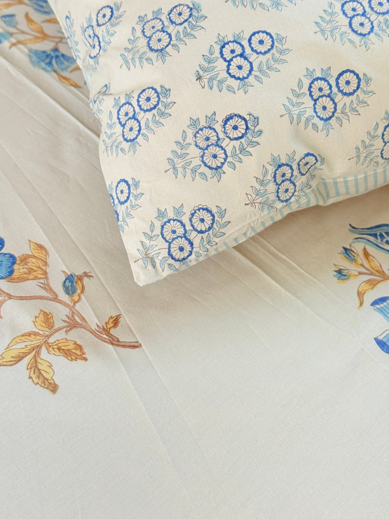 Grey Base Floral Motif Hand Blocked Sheet
