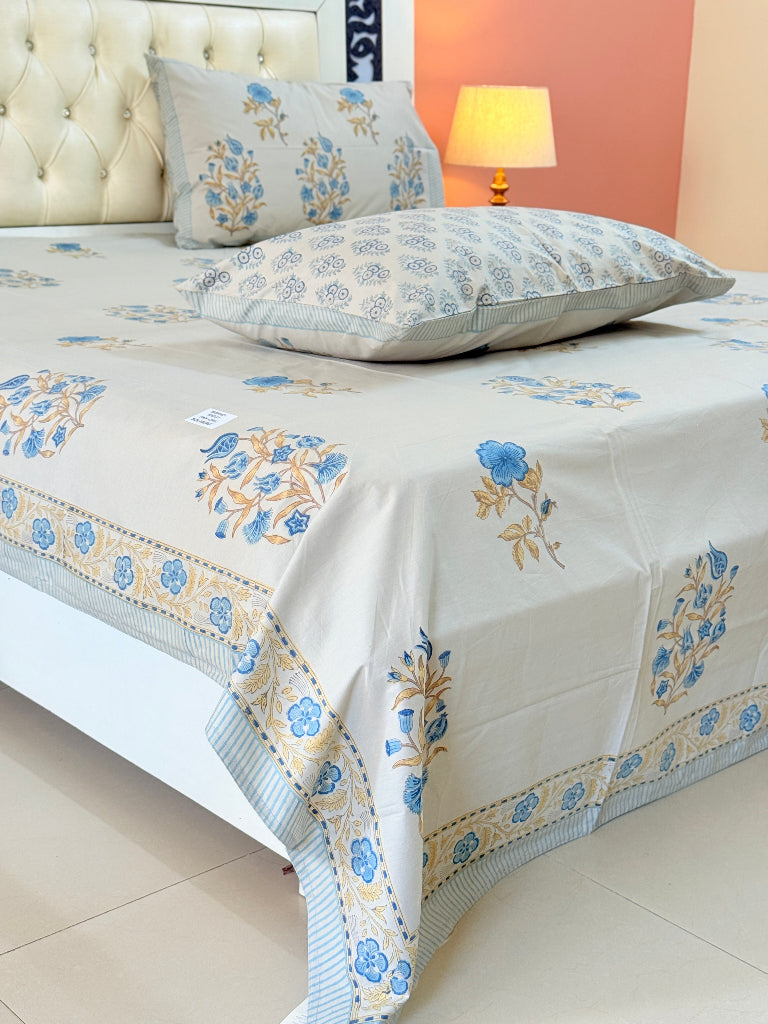 Grey Base Floral Motif Hand Blocked Sheet