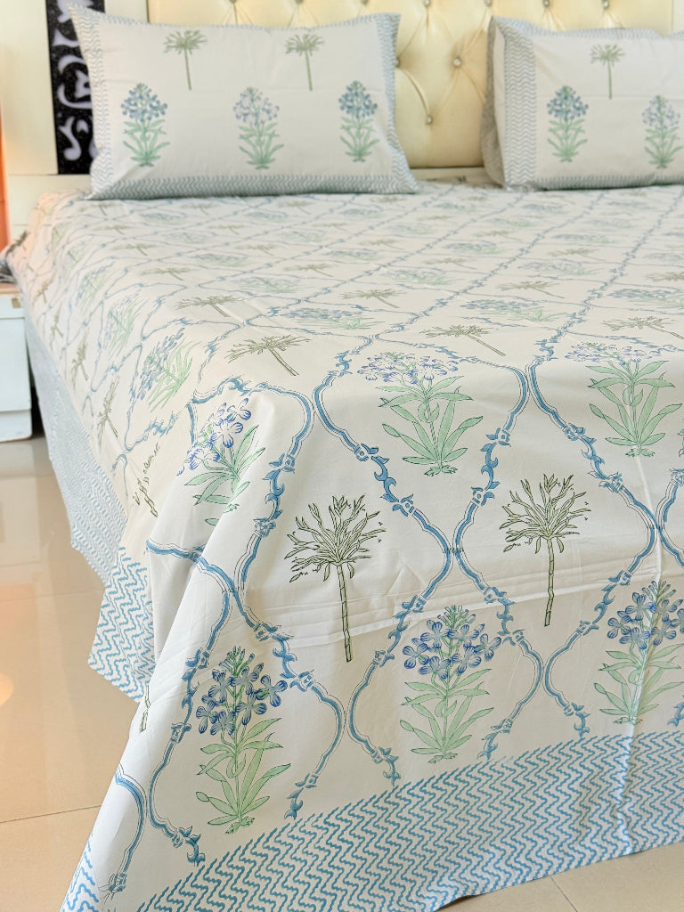 Grey Base Floral Grid Hand Blocked Sheet