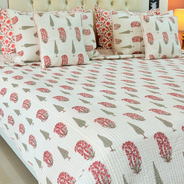 Paisley and Cypress Print Ajrakh Quilted Bedcover