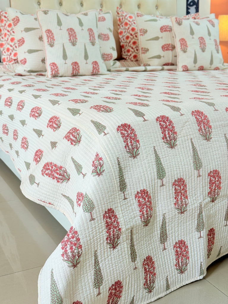 Paisley and Cypress Print Ajrakh Quilted Bedcover