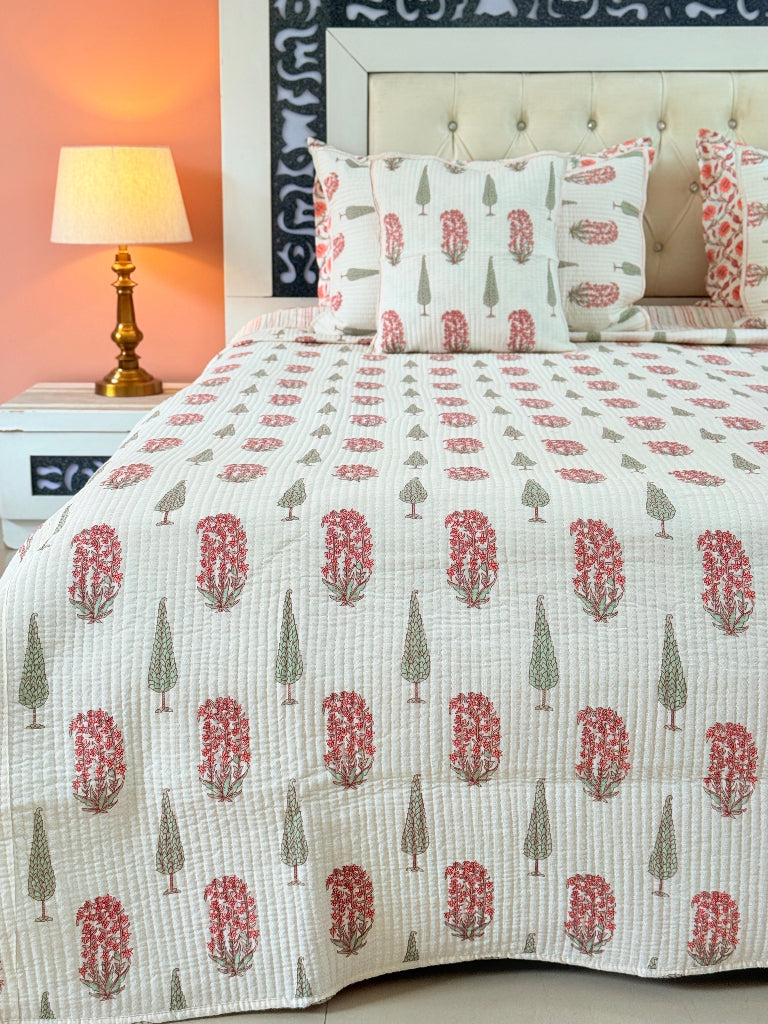 Paisley and Cypress Print Ajrakh Quilted Bedcover