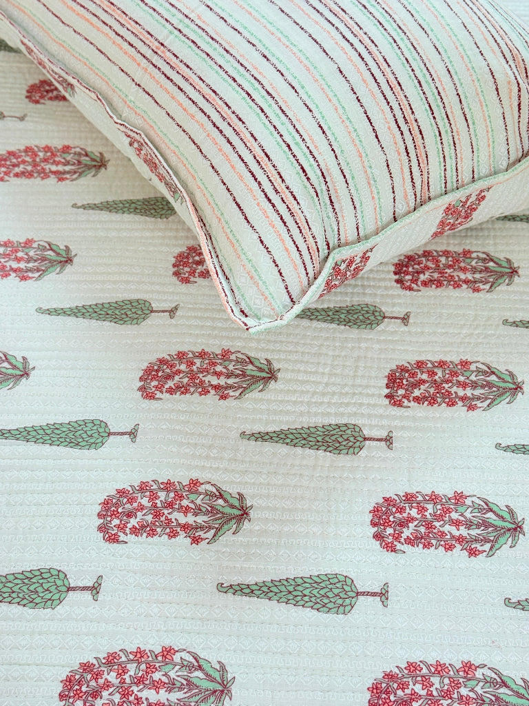 Paisley and Cypress Print Ajrakh Quilted Bedcover