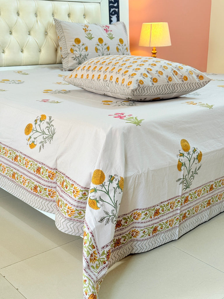 Sunlit Bloom Hand Blocked Sheet (Grey Base)