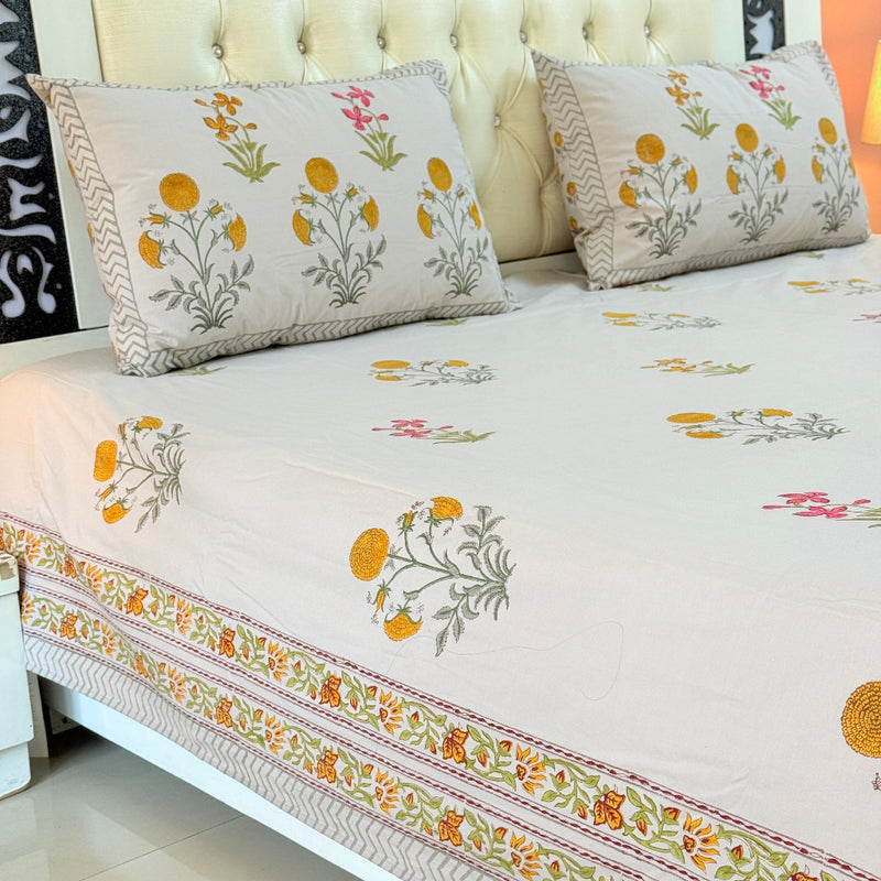 Sunlit Bloom Hand Blocked Sheet (Grey Base)