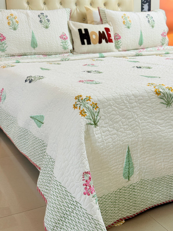 Gardenia Charm Hand Blocked Quilted Bedcover