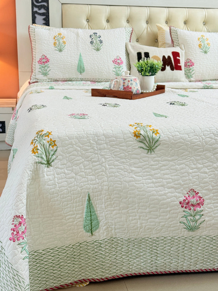Gardenia Charm Hand Blocked Quilted Bedcover