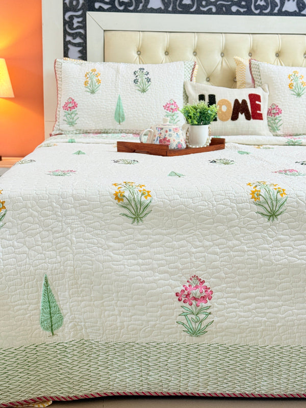 Floral Charm Hand Blocked Quilted Bedcover