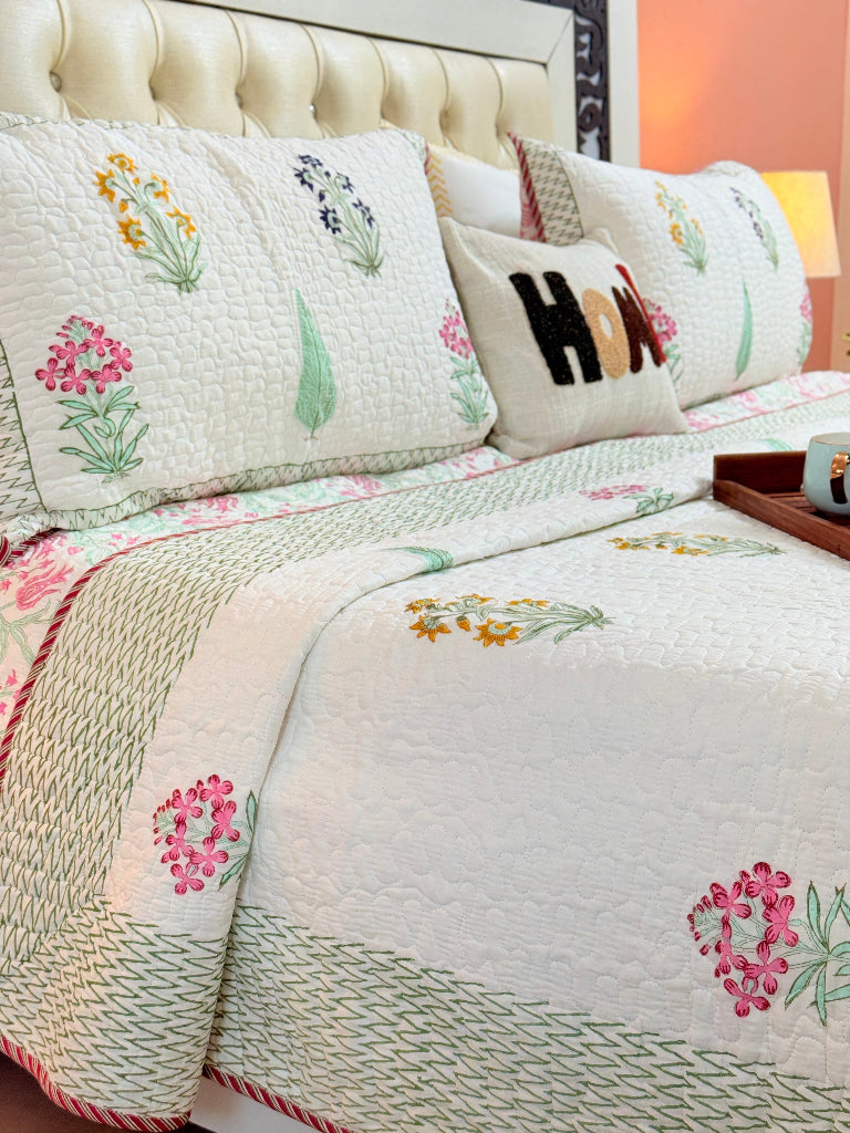 Floral Charm Hand Blocked Quilted Bedcover