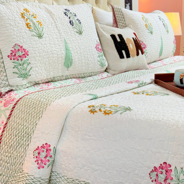 Gardenia Charm Hand Blocked Quilted Bedcover