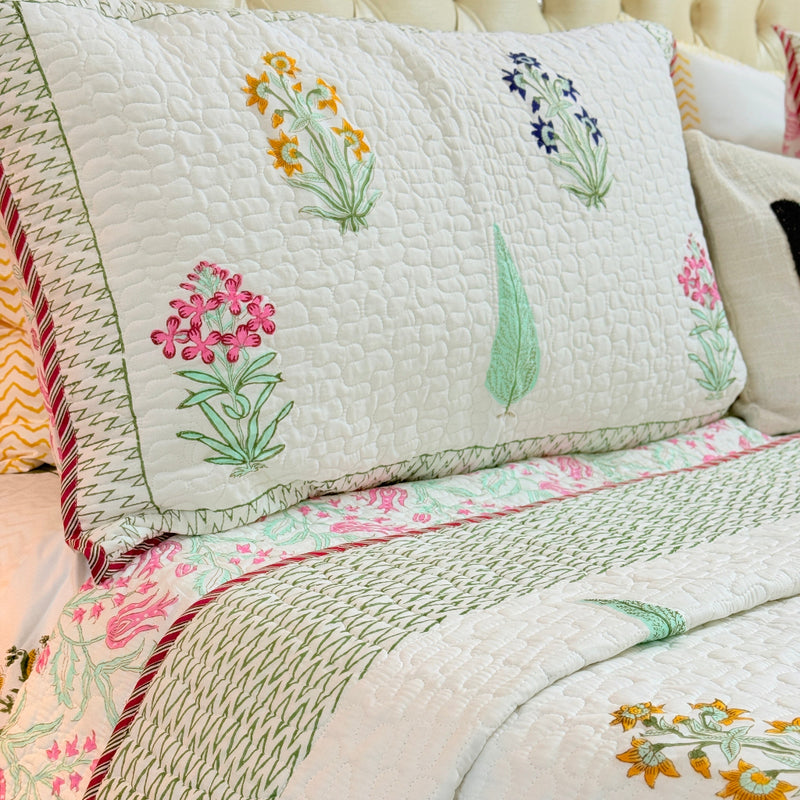 Gardenia Charm Hand Blocked Quilted Bedcover