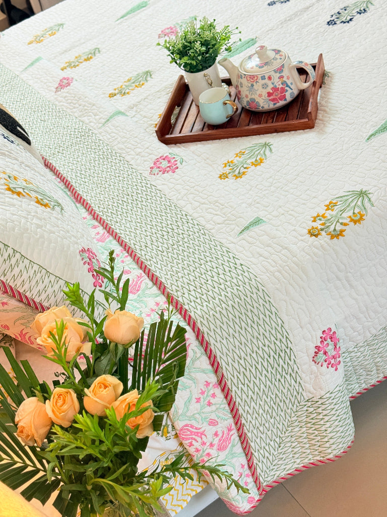 Gardenia Charm Hand Blocked Quilted Bedcover