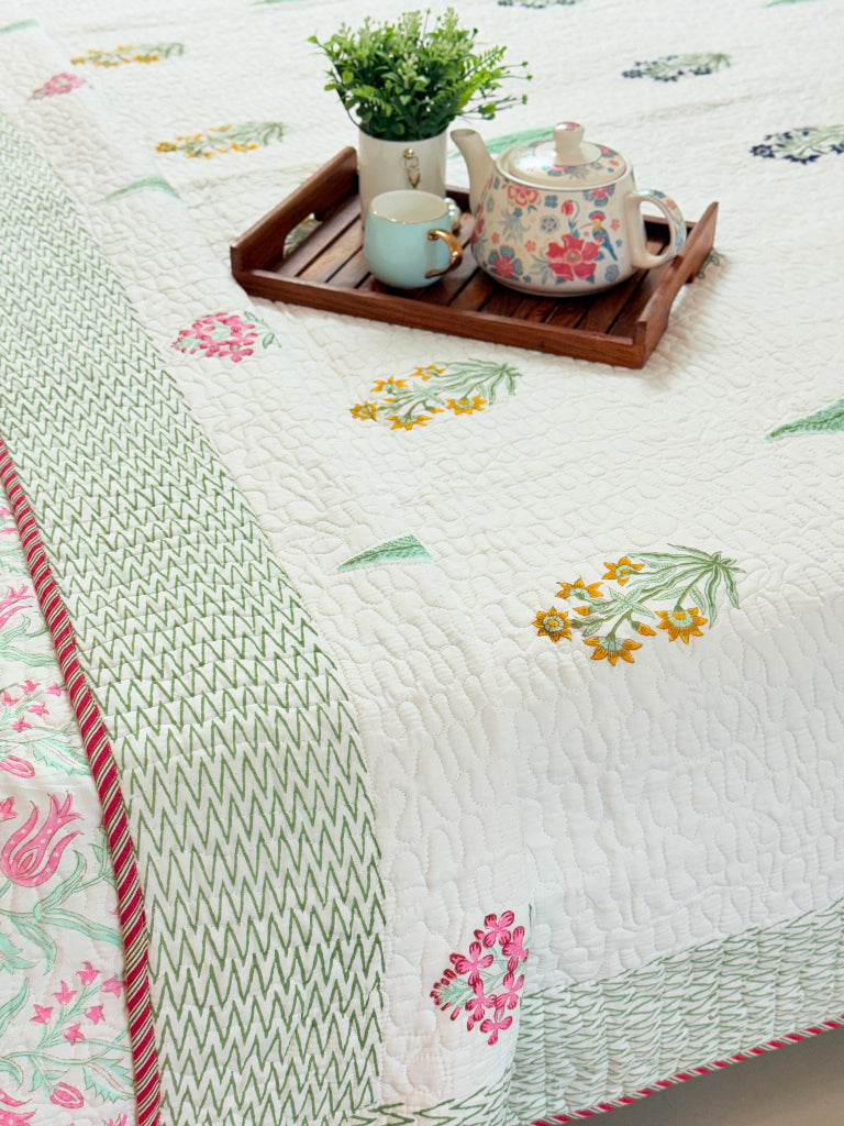 Gardenia Charm Hand Blocked Quilted Bedcover