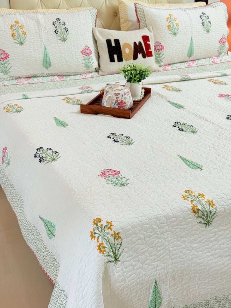 Gardenia Charm Hand Blocked Quilted Bedcover