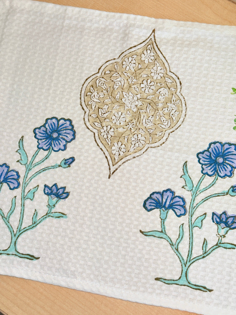 Blue Floral Print Hand Blocked Face Towel