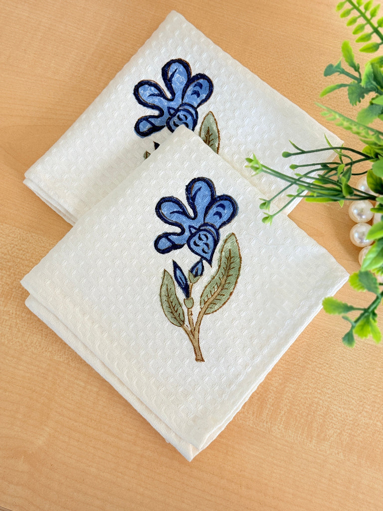 Blue Flower Motif Hand Blocked Face Towel