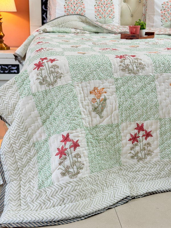 Green Patchwork Floral Print Hand Blocked Quilt