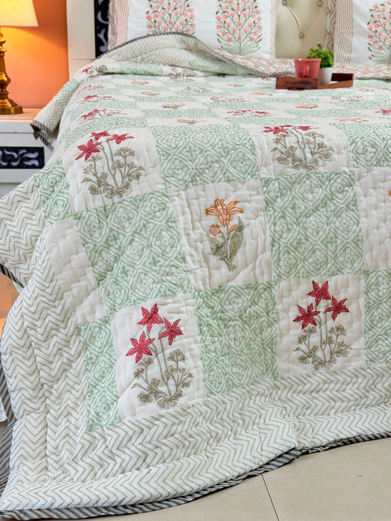 Green Patchwork Floral Print Hand Blocked Quilt