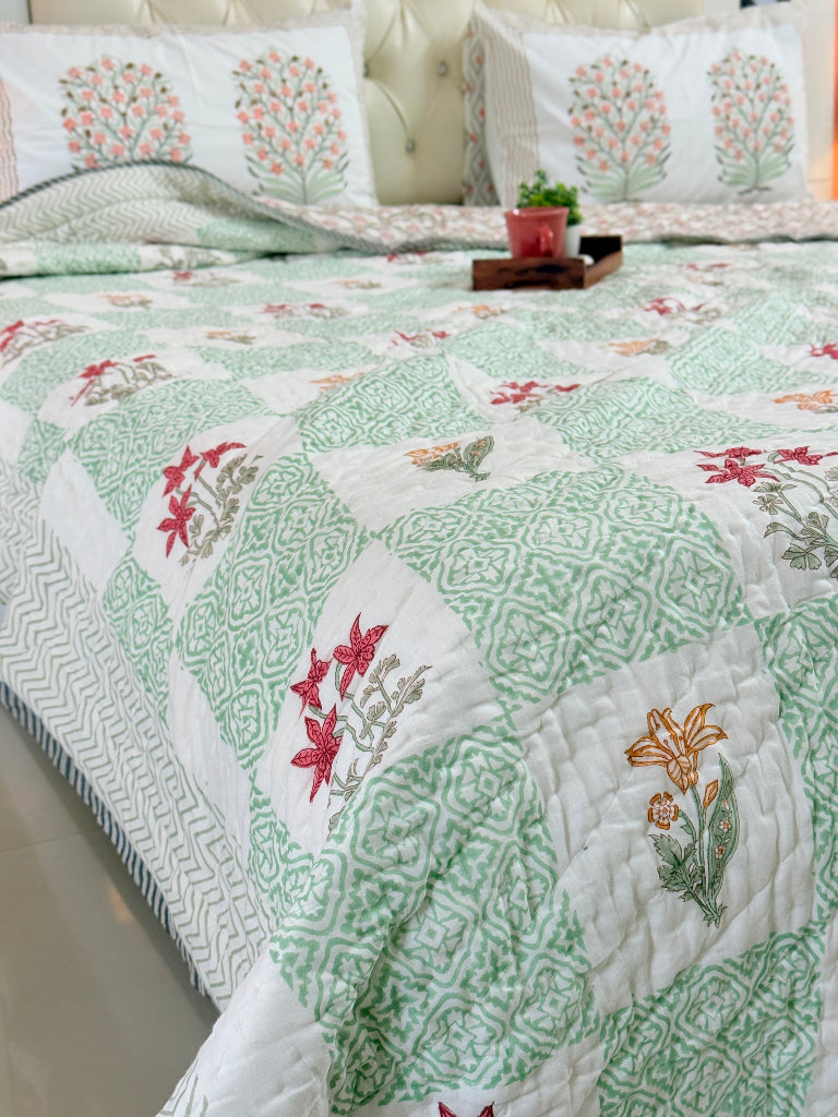 Green Patchwork Floral Print Hand Blocked Quilt