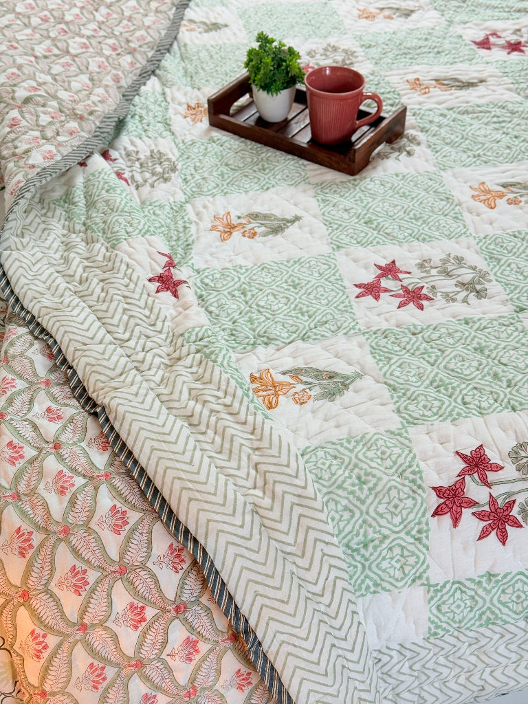 Green Patchwork Floral Print Hand Blocked Quilt