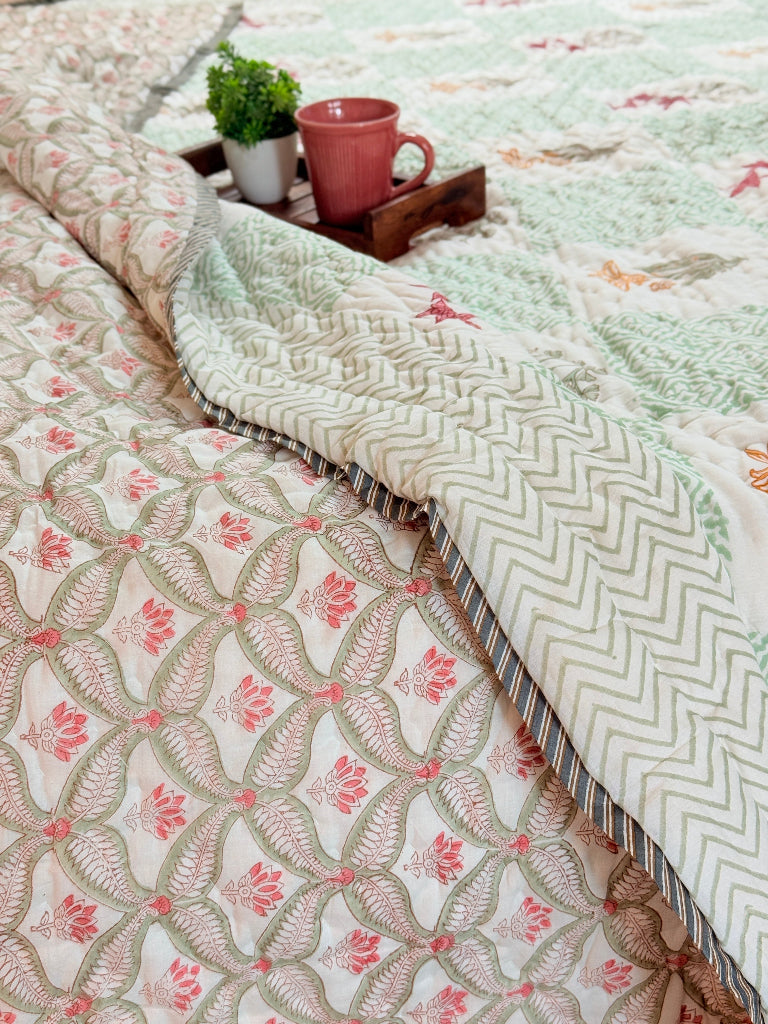 Green Patchwork Floral Print Hand Blocked Quilt
