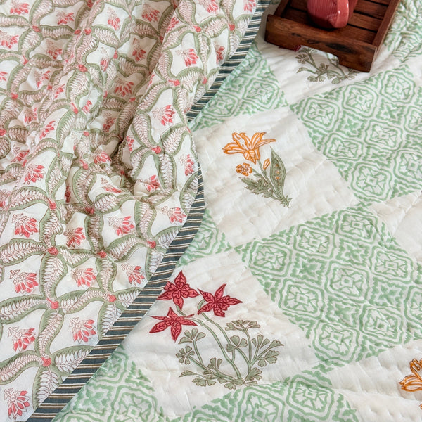 Green Patchwork Floral Print Hand Blocked Quilt