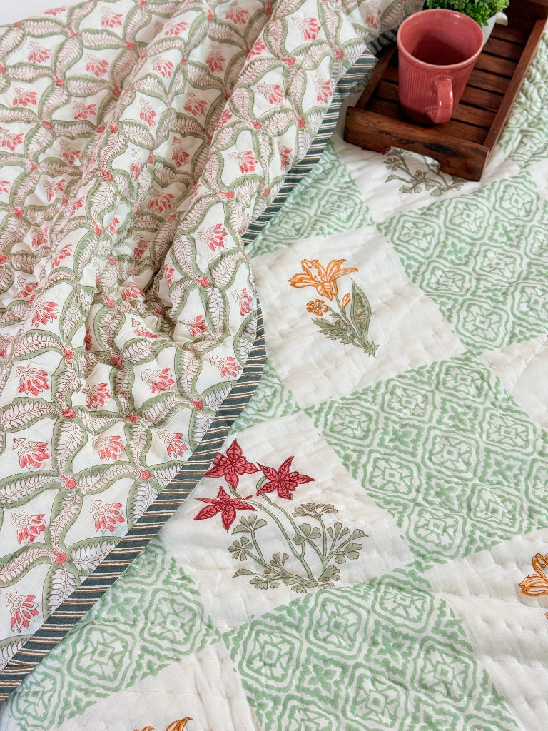 Green Patchwork Floral Print Hand Blocked Quilt
