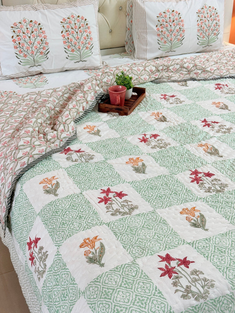 Green Patchwork Floral Print Hand Blocked Quilt