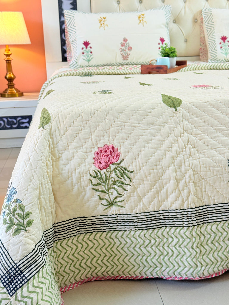 Beige Base Floral Print Single Hand-Blocked Quilt