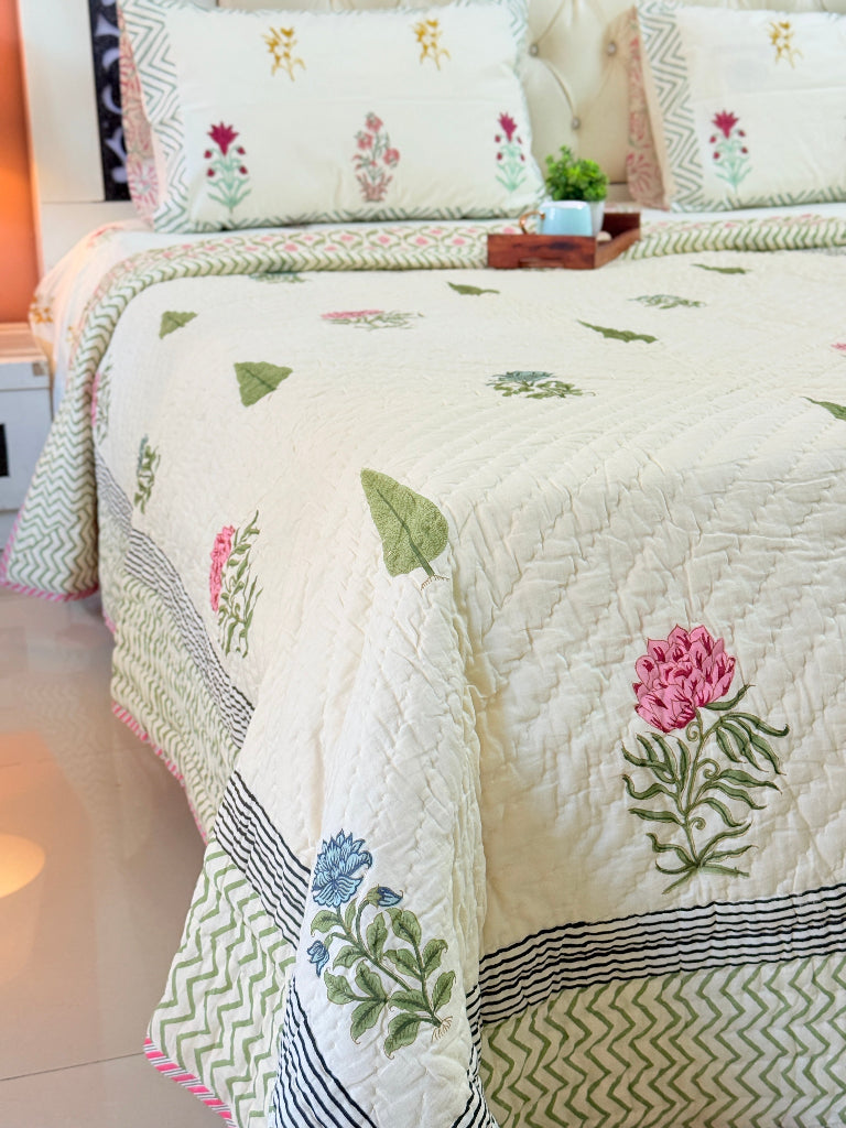 Beige Base Floral Print Single Hand-Blocked Quilt