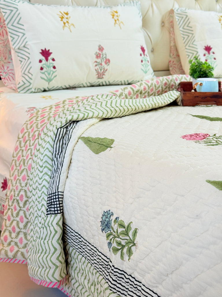 Beige Base Floral Print Single Hand-Blocked Quilt