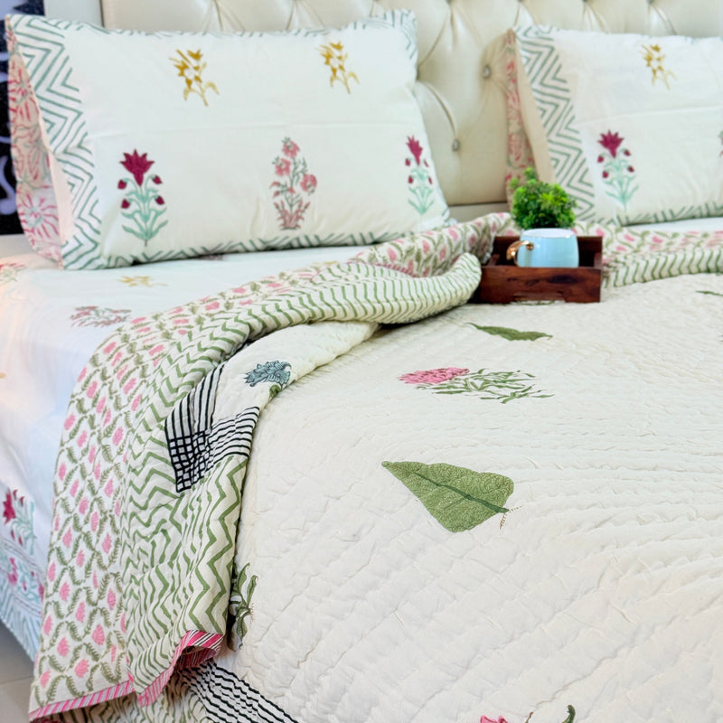 Beige Base Floral Print Single Hand-Blocked Quilt