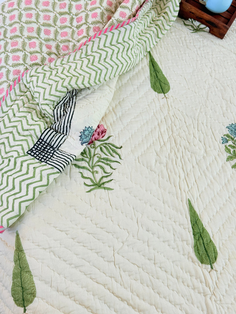 Beige Base Floral Print Single Hand-Blocked Quilt