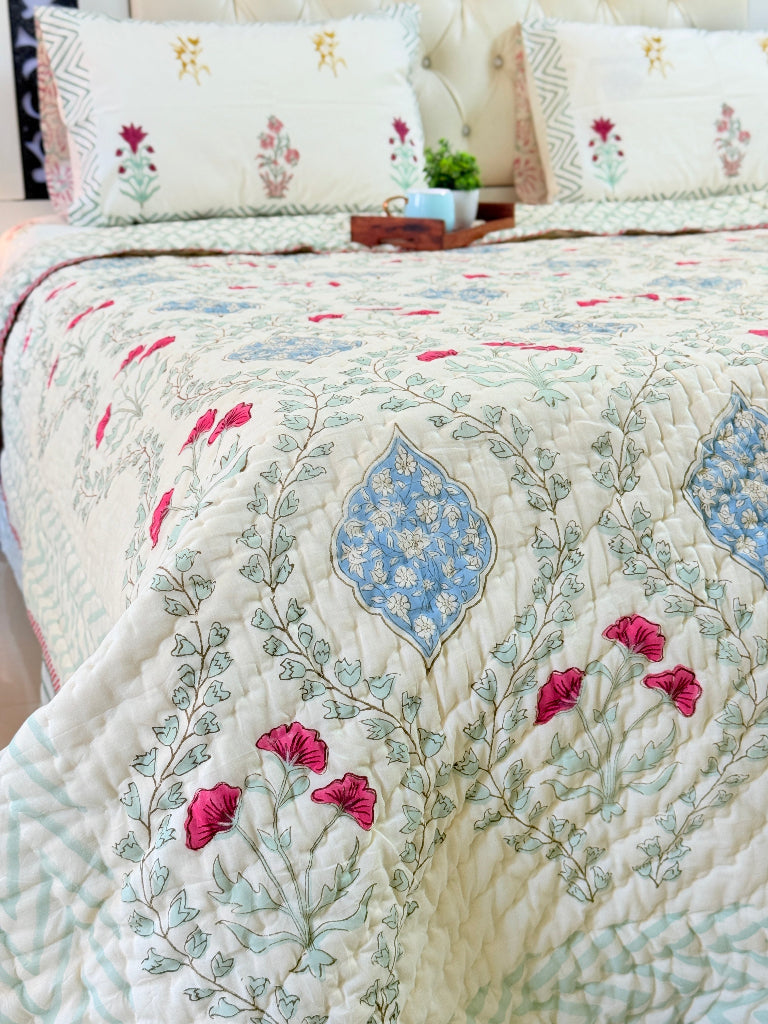 Orchard Bloom Single Hand-blocked Quilt (Beige Base)