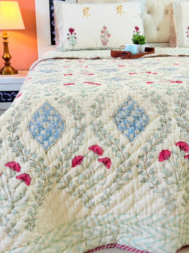 Orchard Bloom Single Hand-blocked Quilt (Beige Base)