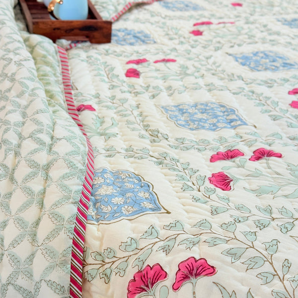 Orchard Bloom Single Hand-blocked Quilt (Beige Base)
